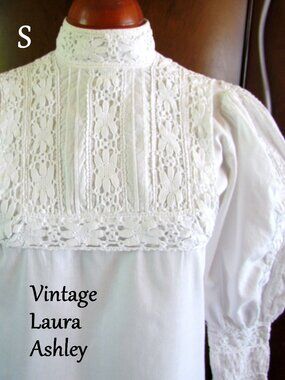 LAURA ASHLEY VICTORIAN BLOUSE, S, VINTAGE COTTON LACE, PUFFED SLEEVES, HIGH NECK
